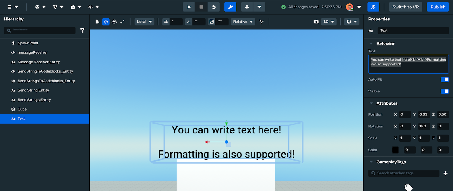 Add the Text Gizmo to a scene use the Desktop Editor