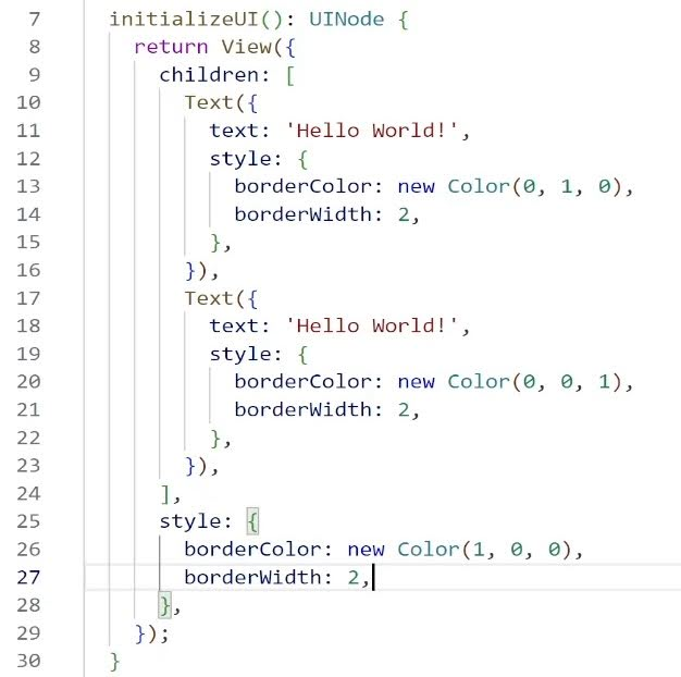 Image shows an extended sample script with nested objects that have applied styles