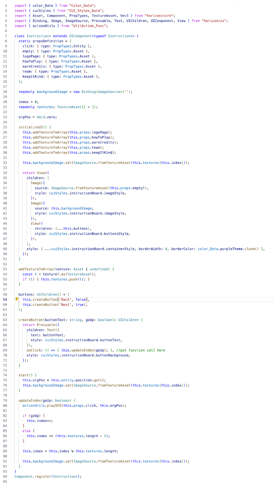 Image shows code snippet for an instruction board