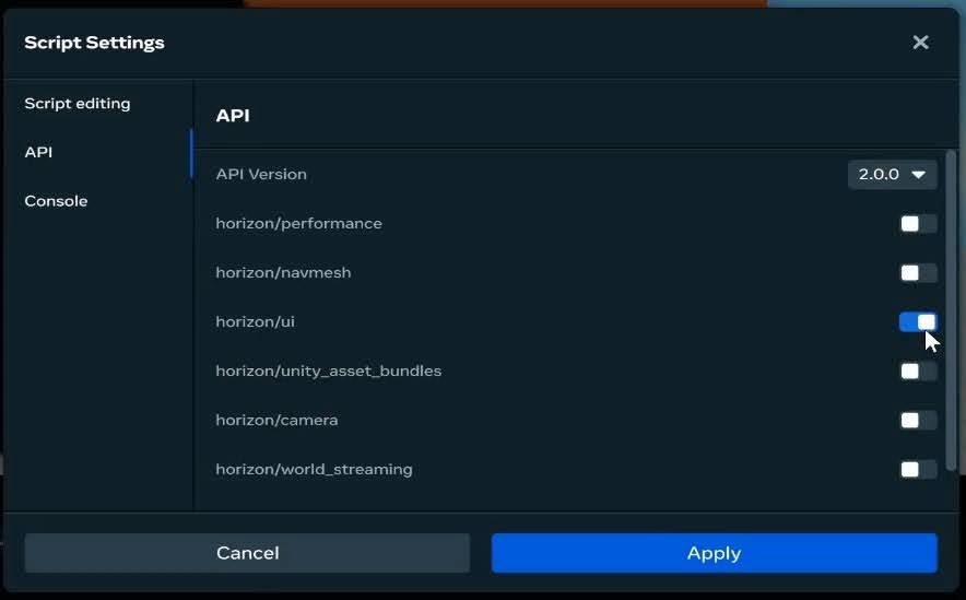 Screenshot shows the settings menu with the UI API enabled