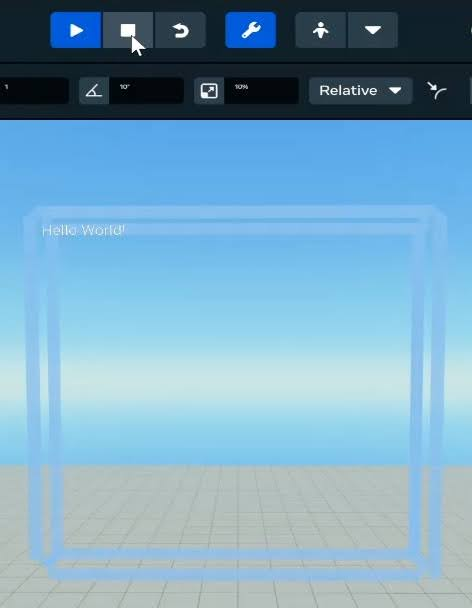 Screenshot shows a world in desktop editor displaying the 'Hello World!' message